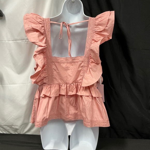 Rose Velvet Top Ruffle Sleeveless Peplum Lace Trimmed Open Back Blouse - Picture 2 of 9